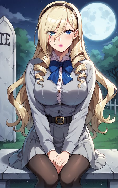 score_9, score_8_up, score_7_up, looking at viewer,  BREAK
GreyShirt_CeliaCumaniAintree_ownwaifu, 
1girl, blonde hair, blue eyes, large breasts, drill hair, long hair, hairband, hair between eyes, lips, eyes visible through hair, bangs, lipstick, pink lips, 
ascot, blue ribbon, grey shirt, frills, school uniform, belt, black pantyhose, long sleeves, 
(sitting, full moon), graveyard, grave, tombstone, moonlight, <lora:PONYXL_CeliaCumaniAintree_ownwaifu:0.8> , depth of field, solo,