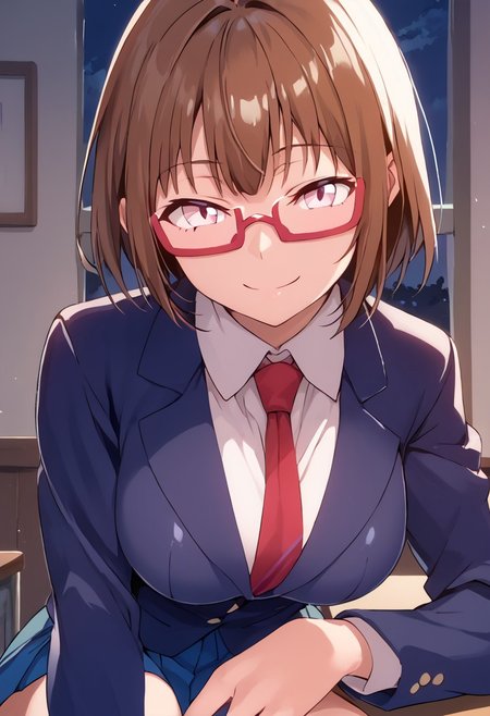 score_9, score_8_up, score_7_up,at room,indoor, moonlight,night view,chitose, female, red glasses, brown hair,short hair, pink eyes, school uniform,ties, smirk