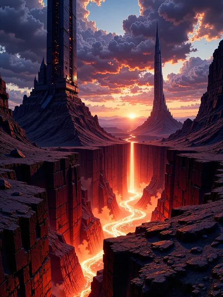 famous artwork, dramatic and epic landscape at night, hyper-realistic, highly aesthetic, ultra-high-resolution, 8k, 4k, dim lighting, dark science fantasy with cosmic horror elements, a surreal and alien volcanic landscape at sunset, dominated by two colossal, jagged black spires that rise symmetrically from the earth like obsidian monoliths, flanking a narrow valley that glows with searing molten lava, the foreground is composed of dark volcanic rock, cracked and uneven, reflecting the orange heat of the lava, while distant cliffs and shattered terrain frame the horizon, the sky above is ablaze with swirling purple and burnt orange clouds as the setting sun casts long shadows and bathes the world in warm, dying light, a brilliant stream of lava flows like a waterfall through the center between the spires, its vivid glow cutting through the cooler tones of the rocky terrain, the surrounding rocks shimmer with residual heat, their textures sharp and weathered, no visible characters, the focus is on the vast, awe-inspiring grandeur of the terrain and the alien symmetry of the twin peaks, evoking a sense of ancient ritual or forgotten power, shot from a wide, low-angle perspective to emphasize the monumental scale and dramatic geometry of the spires, the molten flow leads the viewerâs eye into the center of the frame, enhancing the feeling of depth and scale, cinematic directional lighting from the setting sun creates stark contrasts and brilliant lens flares, emphasizing the heat shimmer and the high-detail surface of the volcanic stone, shot on large-format digital with cinematic color grading and shallow depth of field, subtle atmospheric haze and heat distortion effects, high dynamic range capture for vivid sunset tones and lava illumination, ovg, artilands02, <lora:style-legacy_of_the_forerunners-v2-flux-by_bra2ha:0.76> <lora:style-fantastic_landscapes-v2-flux-by_artifyai:0.68>