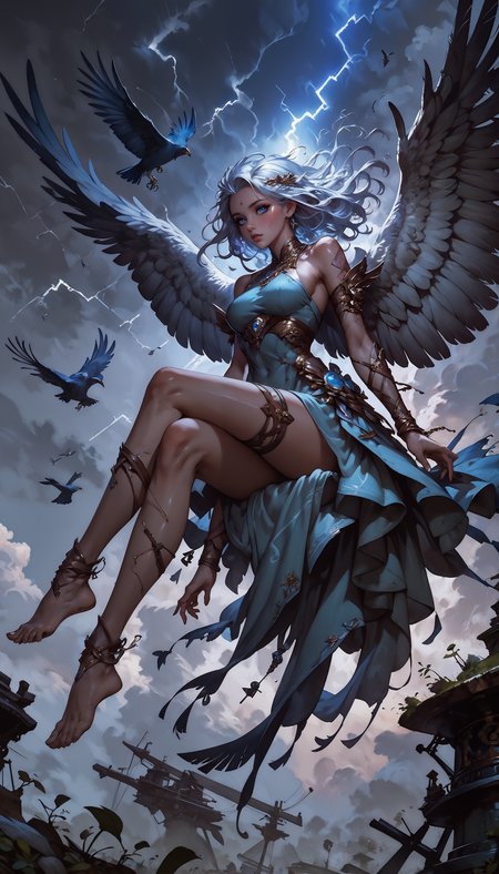 score_9, score_8_up, score_7_up,  1 girl, monster girl, bird girl, feathered wings, lightning aura, sitting on a flying ship, air, gold jewelry, thigh strap, shiny skin, blush, beautiful face, blue eyes, white hair, floating hair, gentle breeze, white skin, crossed legs, blue sexy sheer dress, dutch angle, bottomless, pink fingernails, moonlight, stormlight, green leaves, flying leaves, lightning, wind, swirling wind currents, lightning bird,  <lora:Expressive_H-000001:0.8>, expressiveH    <lora:Fant5yP0ny:0.9>  <lora:Pony_DetailV1.0:0.9> <lora:Concept Art DarkSide Style LoRA_Pony XL v6:0.8> concept art,