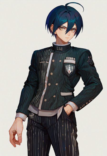 score_9_up score_8_up score_7_up, simple background, white background, looking at viewer, hands in pockets
BREAK
score_9_up score_8_up score_7_up, saihara shuichi default, 1boy, ahoge, short hair, bangs, black hair, hair between eyes, brown eyes, striped, pinstripe pattern, jacket, pants, black pants, long sleeves, black jacket, buttons, breast pocket
 <lora:danganranpa_v3_pony_d16:1>