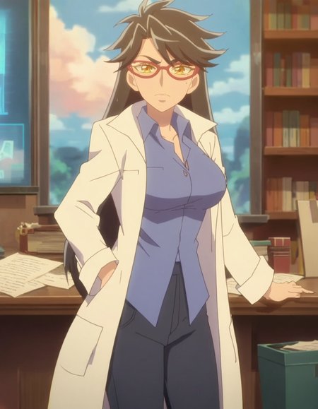 score_9, score_8_up, score_7_up, anime screencap, solo,1girl,gashuinsarena,  labcoat, glasses, shirt, pants, looking at viewer, blue shirt, mole,large breasts,wide hip<lora:gashuinsarena_pony:0.8>