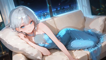 artist:, masterpiece, newest, very aesthetic, very awa, absurdres, highres, 1girl, detailed eye, small slim girl, disheveled silver-haired, blue eyes, halter dress, long dress, blue casual dress,see-through cleavage, reclining on cozy sofa, pillow, happiness, gentle smile, looking at viewer, night scene, window, curtain, city lights, dimmed environment lights, dutch angle, high angle shot, cowboy shot, close-up
