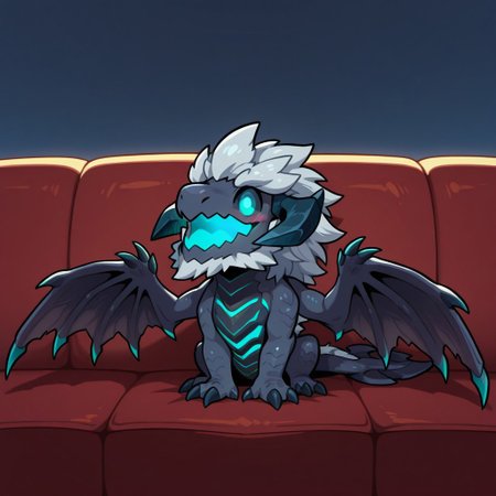 masterpiece,best quality,amazing quality, BREAK, (solo), male, dragon
, elder_dragon, low horns, upper body, wings, claws, happy, 
full body, 
wings out of frame, 
blue sky , (glowing eyes:0.6),
wavy_mouth, (blush:0.7), (chibi), sitting on the sofa, glowing striped torso, blue glowing striped torso, blue glowing eyes, glowing mouth,