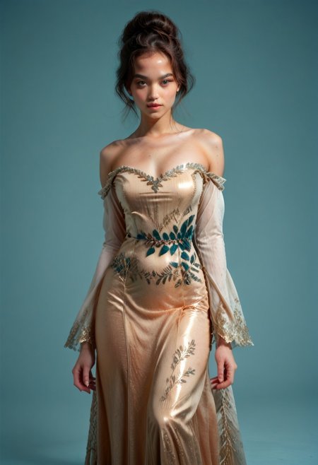 score_9, score_8_up, score_7_up, kebaya dress (long dress, skin tight, strapless, off shoulder, luxurious design, red color),
pureerosface_v1, JDMAI_KEBAYA, JDMAI_ARIEL_SARI, 
(dynamic lighting), (dynamic shadow), 4k, HD, Hi res, cinematic masterpiece, photographic masterpieces, epiCPhoto,
Neat hair bun, professional makeup, side view, 
Portrait, upper body, alluring pose, confident facial expression, 
(simple turquoise background), (blurry background), (sharp focus on object),