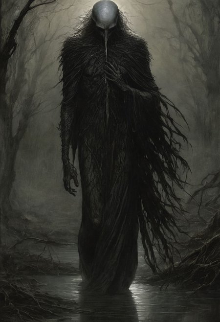 Deep in the shady sadness of a vale Far sunken from the healthy breath of morn Far from the fiery noon and eve's one star Sat gray-hair'd Saturn quiet as a stone Still as the silence round about his lair Forest on forest hung about his head Like cloud on cloud No stir of air was there Not so much life as on a summer's day Robs not one light seed from the feather'd grass But where the dead leaf fell there did it rest A stream went voiceless by still deadened more By reason of his fallen divinity Spreading a shade the Naiad 'mid her reeds Press'd her cold finger closer to her lips. bleak, dark art, dim light somber, dramatic, high quality, detailed