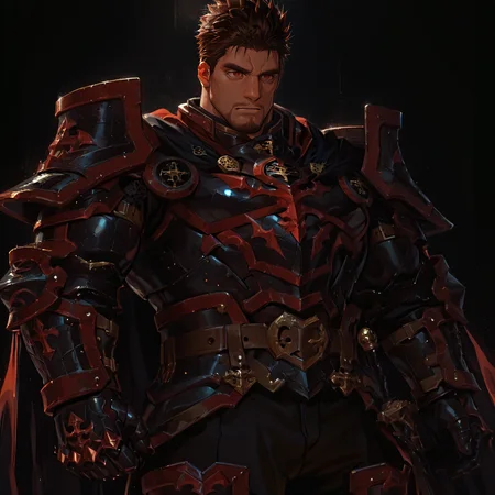 <lora:Orion__Alchemist_Code-000004:.7>, tagatameorion, orion_brunette, orion_red eyes, 1boy, spiked hair, goatee, solo, male focus, manly, mature male, bara, muscular male, cape, armor, breastplate, gauntlets, boots, belt, demon (symbol)
{upper body|cowboy shot}, 
(very short hair), male focus, muscular male, large pectorals, muscular male, bara, mature, (hairy body, hairy, body hair, arm hair, leg hair, hairy body, glossy skin, bara, mature, facial hair, beard, full beard, sideburn, mustache, stubble), facial hair, bara, mature, body hair, aixiwuganda_(20222192), very awa, masterpiece, best quality, absurdres, newest, perfect quality, detailed background, intricate details,<lora:slider_Body Type_alpha1.0_rank4_noxattn_last:2><lora:Anime Summer Days 2 Style SDXL_LoRA_Pony Diffusion V6 XL:.6><lora:merged:.7>, DARK, DARK BACKGROUND, LOW-KEY LIGHTING <lora:slider_cfg_scale_boost:.7><lora:Artist6p:.55>, Artist6p, Artist04p,<lora:slider_il_brightness_slider_d1:-.5><lora:slider_il_contrast_slider_d1:-.25>,<lora:slider_contract_controller_illus01_v1:.3>, <lora:addon_illustriousXLv01_stabilizer_v1.121:.5>,<lora:slider_DarkSlider1.2_alpha1.0_rank16_full_300steps:-.2><lora:Heavenly_Beauty_r1:1>, (heavenlybeauty,)<lora:slider_style_strength_controller_illus01_v1:.25>