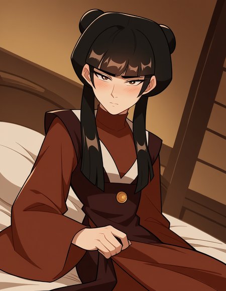 score_9, score_8_up, score_7_up, source_anime, <lora:mai-book2-ponyxl-lora-nochekaiser:1>, mai, sidelocks, long hair, black hair, lunt bangs, hair bun, double bun,, chinese clothes, turtleneck, long sleeves, wide sleeves,, indoors, bed, bed room, on side, blush, drunk, looking at viewer, solo, cowboy shot, dutch angle