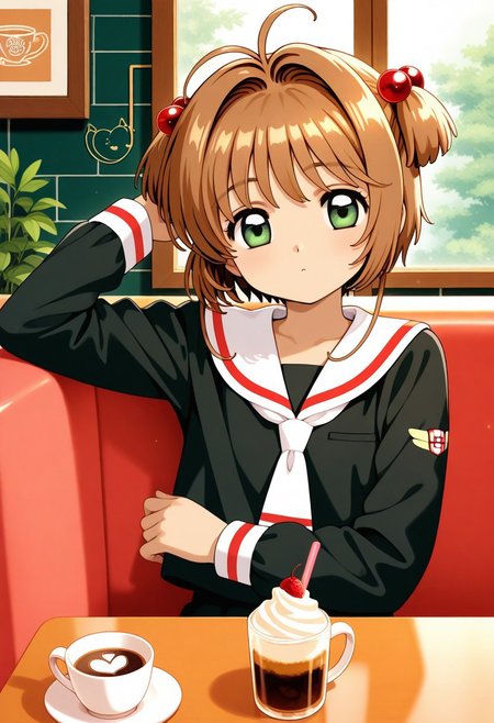 1girl, sensitive, kinomoto sakura, relaxing in a cafe, looking at viewer, best quality, good quality