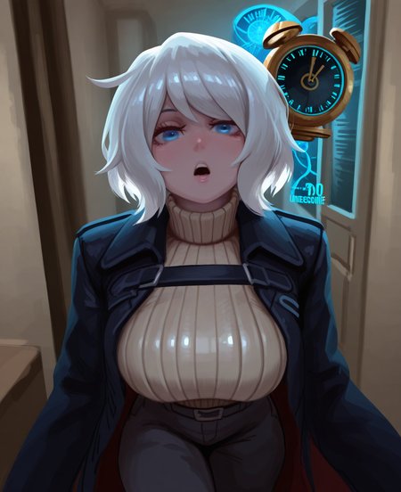 <lora:dudeunderscore:1> dudeunderscore,
(masterpiece), (best quality), (ultra-detailed), amazing quality, very aesthetic, illustration, perfect composition, intricate details, absurdres, incredibly absurdres, shiny skin, realistic,
 dudeunderscore, object head, 1girl, white hair, blue eyes, clock, sweater, turtleneck sweater, breasts, large breasts, ribbed sweater, turtleneck, , open mouth, 1other, looking at viewer, coat, general