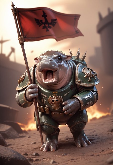 Score_9, score_8_up, score_7_up, masterpiece, best quality, ultra detailed, sinme_source, moo deng, solo, hippo, animal focus, open mouth, detailed face, ultra marine armor(warhammer 40,000), detailed armor, battlefield, holding flag, dynamic lighting, explosions, dark lighting, full body, dynamic pose, text “Warhammer 40,000  Moo Deng” across top of image, ((video game cover))