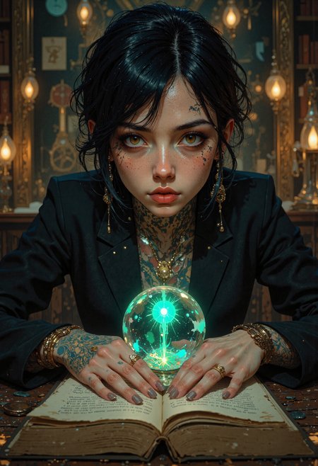 masterpiece, high-quality, A mysterious, feline-eyed sorceress leans forward, her face occupying most of the frame in an intimate, forward-facing close-up. Her short, obsidian-black hair clings to her cheeks, partially concealing the iridescent tattoos that flow across her neck. Tiny runic symbols flicker in her pupils, synchronized with the faint glow of the suspended crystal orb she cradles under her chin. Candlelight from unseen corners dances across her high cheekbones, illuminating the golden piercings that trail down her pointed ears. Behind her, out-of-focus scrolls and alchemical apparatus create a blurred tapestry of knowledge, hinting at the arcane library she inhabits. Every crease and curve in her solemn expression is hyperdetailed, drawing the viewer into a breathless moment of whispered power and untold secrets, <lora:FLUX\Anime v1.3:0.5> <lora:FLUX\FantasticalRealismV2:0.8> <lora:FLUX\StylizedEdge:0.4> <lora:FLUX\Fluxartis 28.11A:0.3>