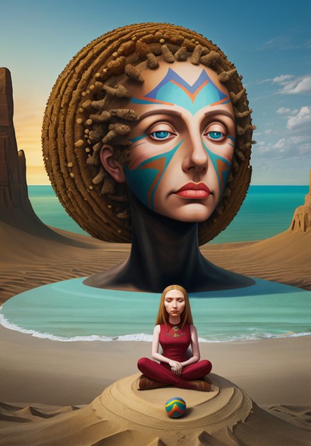 surrealism, anamorphic illustration, a giant head,  a woman sitting on top of a sandy beach, inspired by Igor Morski, desert circus, by Dali