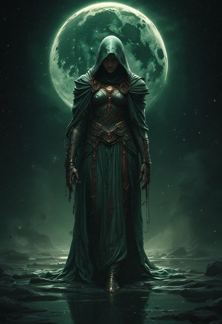 masterpiece, best quality, hyper-realistic, ultra-HD, intricate textures, luminous lighting, cinematic ambiance, shimmering gradients, ethereal glow, deep contrast, soft volumetric fog, subtle particles, radiant reflections, rich color tones, seductive atmosphere, captivating sensuality, Cinematic Lighting,Shadow,backlit, backlighting, 
BREAK
raytracing, volumetric lighting, ambient occlusion, shimmering particles in the air, intricate cinematic background,intimate and seductive, crafted to captivate and seduce.
BREAK
reflection, hood, white cape, crescent moon, green theme, sky, moon, embers, red hair