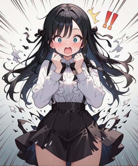 masterpiece,best quality,amazing quality,very aesthetic,absurdres,newest, huge filesize,
<lora:spo_sdxl_10ep_4k-data_lora_webui:0.5>,anime coloring, anime screenshot, flat color, 
<lora:add-detail-xl:0.8>
exploding clothes, torn clothes, surprised, !!, hands up, BREAK, 1girl, blush, surprised, looking down, covering, looking at viewer, cowboy shot, motion lines, emphasis lines, gradient background, grey background <lora:explodingclothes_il:1>
<lora:girumasu:0.8>girumasuV1,
g_alina,
skirt, 
long hair,shirt,long sleeves, 
white shirt,
black skirt, 
black hair ,