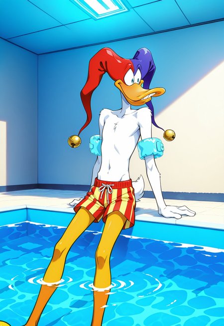 safe_pos, safe_pos, score_9, score_8_up, score_7_up, source_furry, happy, smile, 1boy, solo, no humans, furry male, furry, duck, quackerjack, jester cap, two-tone hat, hat bell, teeth, white feathers, white body, orange legs, naked, skinny, scut tail, ((swimming trunks, swim trunks, colorful trunks,)) inflatable armbands, no nipples, featureless crotch, featureless chest, no navel, water background, on water, inside pool, riding inflatable (yellow duck:1.2), fflix_rinfla