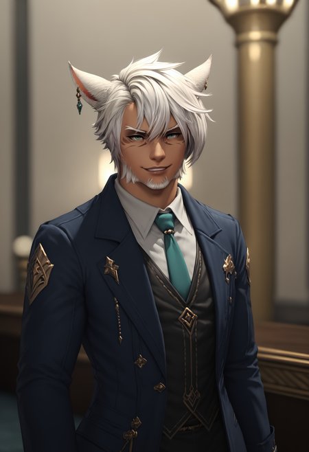 score_9, score_8_up, score_7_up, score_6_up, score_5_up, 3KK4T14, 1boy, animal ears, miqo'te, male focus, solo, facial hair, white hair, blurry background,  cat ears, dark-skinned male, dark skin, earrings, jewelry, beard, necktie, facial mark, short hair, indoors, hand out, smirk, smoldering expression, <lora:05b4ee60-e7e4-4acf-8aa7-d7a6dc9f4242:0.7>