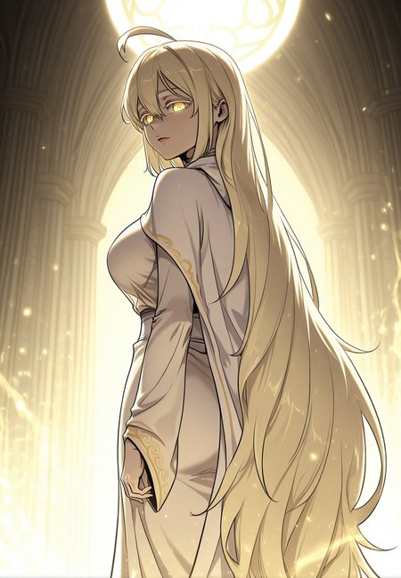 zPDXL3, score_9_up, score_8_up, score_7_up, ,Masterpiece,(perfect female body:1.2), small waist, (incredibly detailed:1.4), beautiful fingers, (large breasts:1.2) big breasts,  looking at viewer, looking at viewer, <lora:Wi_Seol-Ah_-_Childhood_Friend_of_the_Zenith-Kaleid_Illustrious:1> wiseol-ah, 1girl, very long hair,  blonde hair, yellow eyes, blonde eyelashes, , ahoge, hair between eyes, glowing eyes, robe, cape, from behind,
