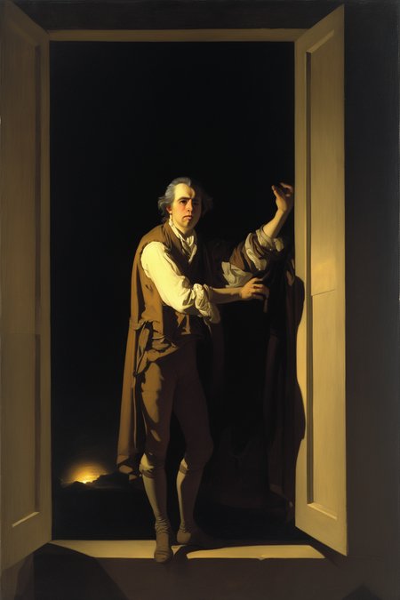 Joseph Wright Of Derby Style - Outside the windows, the night covers the Earth, which it holds captive. Drowsiness fills people, And some dream in the palm. Painting of Francisco Goya.