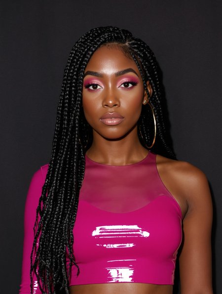 An extremely detailed and realistic close-up portrait of a young Black woman, likely in her early twenties.  She possesses a serious, composed expression.  Dark brown, intricate braids frame her face.  Her makeup features a bold, rosy-pink eyeshadow, complemented by a nude lip gloss.  The subject wears a vibrant magenta, glossy, form-fitting crop top.  The fabric appears smooth, with a high sheen, almost like a lacquered surface.  The material's texture is reflective, creating highlights that catch the light.  The background is a dark gray/black backdrop,  a common feature of award ceremony or red carpet events.  The setting is a formal, professional indoor venue, characterized by subdued lighting and a minimalist atmosphere.  The image is sharply focused, likely with a mid-range lens, highlighting the subject's features and the texture of the clothing.  A timeless, sophisticated yet vibrant portrait style is evident. The composition focuses on the subject and her attire, with the background softly blurred to emphasize the subject.  The overall mood is elegant and poised, reflecting the gravitas of a formal event. 4K UHD