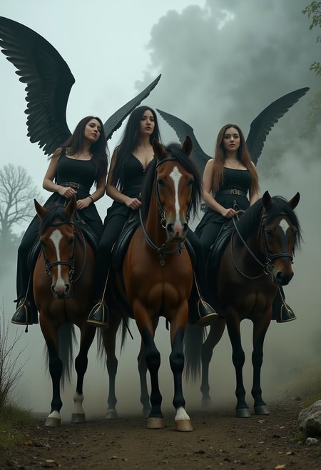 four beautiful women on horses representing the four horsemen of the apocalypse. A dystopian scene as the women ride the horses, dark angelic women,