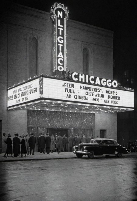 1950s Chicago, nightclub exterior. Captured on a 35mm camera, black and white, classic film noir film.