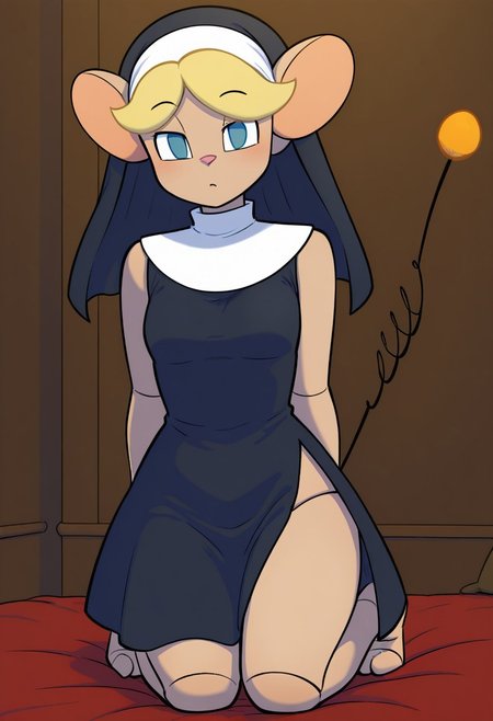 solo, (springtail), robot joints, blonde hair, looking at viewer,  nun outfit, kneeling