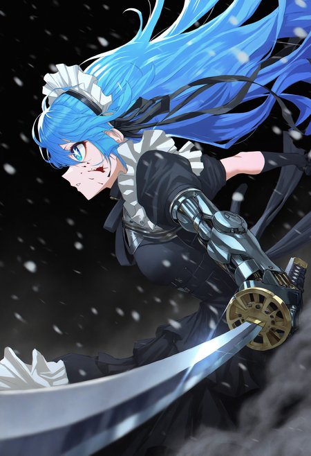 mechabare, artist:[vinne|hataya|itou (onsoku tassha)|yoneyama mai|quasarcake|diyokama|sukabu], 
1girl, single mechanical arm, mechanical parts, robot joints, solo, blue hair, long hair, black gloves, mecha musume, star-shaped pupils, frilled dress, profile, black dress, maid headdress, blood, elbow gloves, armor, from side, floating hair, parted lips, black ribbon, short sleeves, holding sword, katana, looking ahead, dust cloud, depth of field, snowing, foreshortening,
masterpeice, best quality, very aesthetic, absurdres