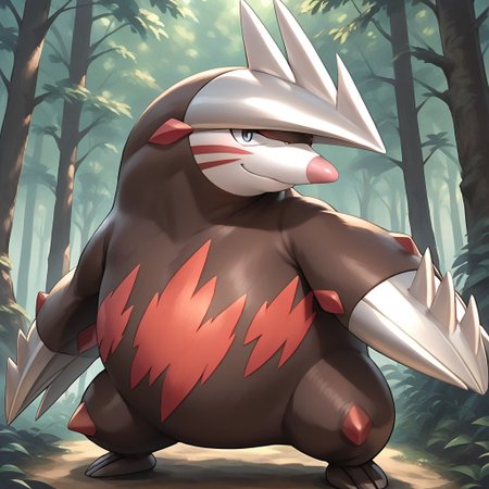score_9, score_8_up, score_8, score_7, source_anime, Excadrill, Solo, semi-anthro, mole, pokemon (creature), brown body, red body markings, black eyes, pink nose, single horn, claws, full body, looking at viewer, smiling, standing, forest background