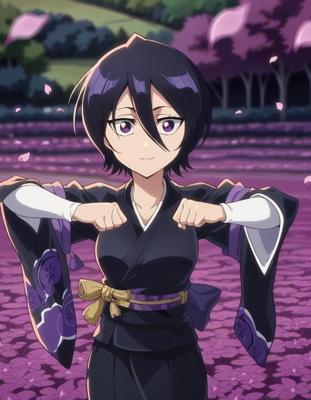 score_9, score_8_up, score_7_up, source_anime, <lora:rukia-kuchiki-tybw-ponyxl-lora-nochekaiser:1>, rukia kuchiki, black hair, hair between eyes, purple eyes, short hair, medium breasts, anime screencap, japanese clothes, kimono, hakama, black kimono, long sleeves, wide sleeves,, flower field, colorful, petals, scent, bloom, smile, <lora:mochi-mochi-ponyxl-lora-nochekaiser:1>, mochi mochi dance, clenched hands, hands up,, looking at viewer, solo,, cowboy shot, solo