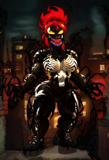 demencia, red hair, green ponytail, yellow eyes, sharp teeth, smile, eyeshadow, tongue out, ((score_9, score_8_up, score_7_up, best quality, masterpiece, smooth shading, by joaoppereiraus, joao, solo full body)), (((city, roof, night, moon, easynegative, high view))), ((female, red eyelashes, claws)), ((veins, venom, symbiote, fusion, hybrid:1.50)), ((laughing, posing, standing))