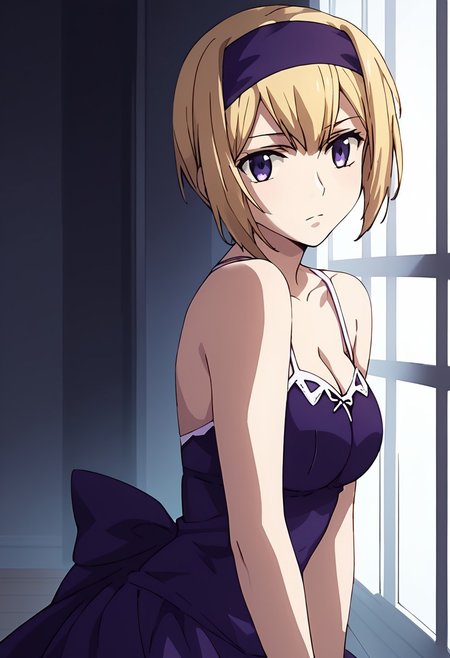 score_9, score_8_up, score_7_up, at room. Indoor,,night view, moonlight,female,louise halevy, blonde hair, purple headscarf , purple dinner wear,solo