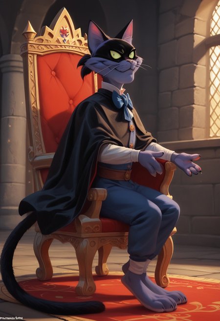 score_9, score_8_up, score_7_up, score_6_up, 1boy, hi_res, Fantomcat, cat, cat tail, cat anthro, Cartoon, detailed background, negative_hand, big eyes, 4fingers, 4k, ultra detailed, focus eyes, long cat legs, (medieval castle:1.4), indoors, standing, full body view, 3/4 side view,  seductive smile, looking at viewer, black cloak, slim body, sitting on red throne
