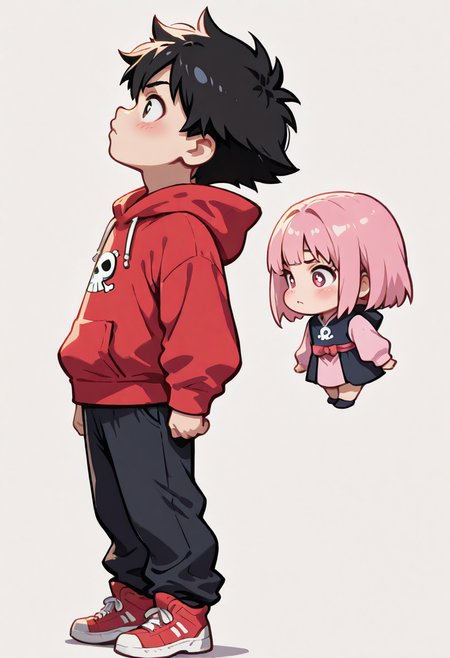 high contrast, masterpiece, best quality, amazing quality, very aesthetic, promotional art, newest, volumetric lighting, hyper detailed.
chibi, 1boy, child, profile, solo, full body, stand up, arms at sides, neutral expression, side view, red hoodies, Jolly Roger, loose pants, black pants, red sneakers, black pant, luminescent background, simple background.