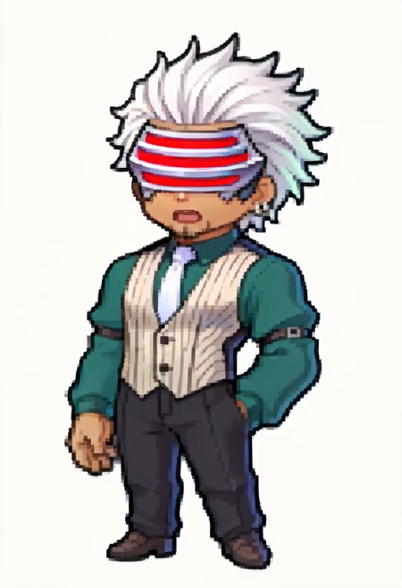 score_9, score_8_up, score_7_up, source_anime, 1boy, solo, open mouth, <lora:Feh-Sprites-pdxl_Fp:1> simple background, chibi, full body, <lora:GodotAA-pdxl:1> gdAA, white hair, short hair, mask, covered eyes, dark-skinned male, beard, single earring, collared shirt, green shirt, long sleeves, pinstripe vest, white necktie, arm strap, black pants