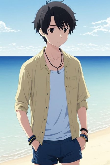 high resolution, solo, best quality, 1Boy, Portrait, Inaho Kaizuka, Black Hair, beach, calm, clear sky, candid, open shirt, shorts, sixpack, necklace, bracelet,