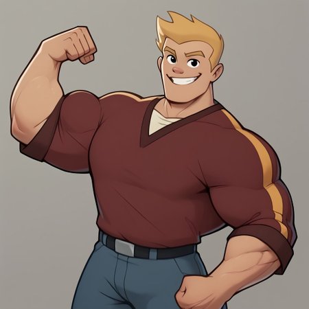 score_9, score_8_up, score_7_up BREAK bradjl2, 1boy, blonde hair, black eyes, shortsleeved red shirt with orange side strips, longsleeved light yellow undershirt, pants, shoes, cowboy shot, flexing muscles for viewer, smiling,