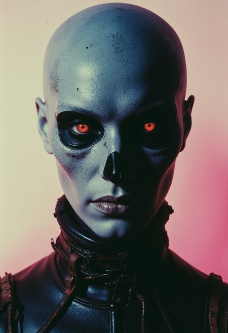 Analog photo, eerie and haunting extreme face close-up ofafemale skeleton with a weathered, menacing, surreal appearance, with an unnerving smile with missing teeth, striking eyes, and grotesque features. The skeleton wears the remains of tattered leather armor with sci-fi elements. The eyes are shaded, sad and pained, with a contagious sorrow accentuating the intense, unsettling gaze. The macabre photograph is hyper-detailed, taken on an older analog camera, featuring a vibrant neon fluorescent monochromatic gradient background in bleached tones, combined with gray and white color grading for a dramatic effect. <lora:Reticulating_Noise_Gradient_Flux:0.3> Reticulating Noise Gradient, noisy, grain-shaded gradient, vibrant neon fluorescent hues, grainy, pixelated texture, filter-enhanced, stylized image, monochromatic color scheme, neon fluorescent theme, <lora:Wiz-Arcana-Spectral_Glow:0.45> spectral glow, chromatic grain, motion blur, diffuse silhouette, light leak effect, prism effect, inverted negative film, ethereal, <lora:70sHorrorMovie2Flux:0.5>,<lora:polaroid_v2.0:0.5>