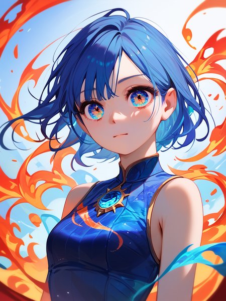 PDXL, <lora:OpalEyesV1Pony:1>, opal_eyes, 1girl, cute face, detailed eyes, short blue hair, detailed  eyes, upper body, standing in a fire