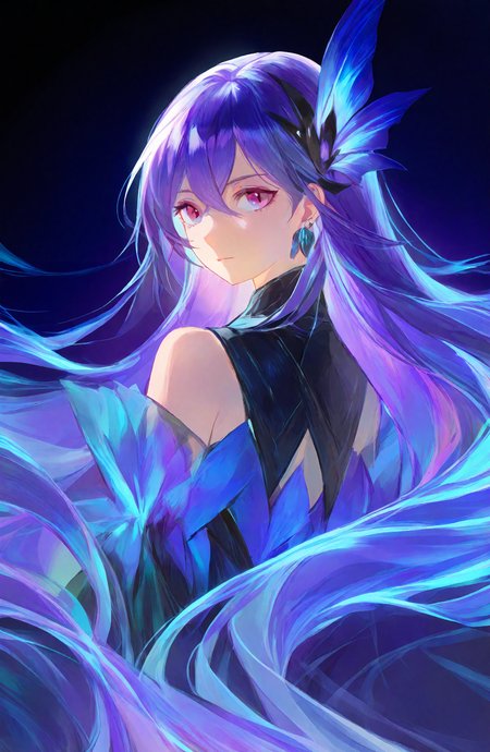 1girl, solo, long_hair, looking_at_viewer, hair_ornament, hair_between_eyes, closed_mouth, jewelry, bare_shoulders, very_long_hair, purple_eyes, upper_body, purple_hair, earrings, expressionless