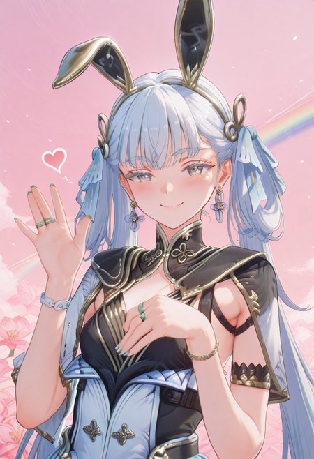 safe_pos, score_9, score_8_up, score_7_up, score_6_up, semi realistic, (au \(d elete\):1.2), 96yottea,masterpiece, best quality, very aesthetic, absurdres, newest,scenery,highres,suzukasuraimu,1girl, jinhsi_\(wuthering_waves\), original uniform, earrings, black collar, armlet, single detached sleeve, bracelet, ring, 1girl, solo,small breasts,),animal ears, white hair, blinking, blush, smile, earrings, fake animal ears,refusing pose,hands up, heart, heart earrings, heart in eye, jewelry, long hair, looking at viewer, nail art, pink background, rabbit ears, rainbow, solo, symbol in eye, thick eyebrows, twintails, posing, dyamic angle, dynamic shot,<lora:suzukasuraimuILL:0.8>, 
