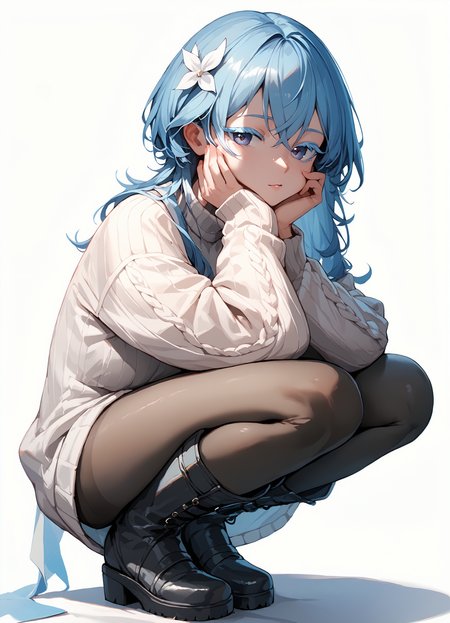 (score_9, score_8_up, score_7_up), 1girl, shorekeeper, colored eyelashes, oversized sweater, long sleeves, black pantyhose, boots, looking at viewer, squatting, hand on own cheek, white background, <lora:shorekeeper-wwPO-v1cr:0.9>