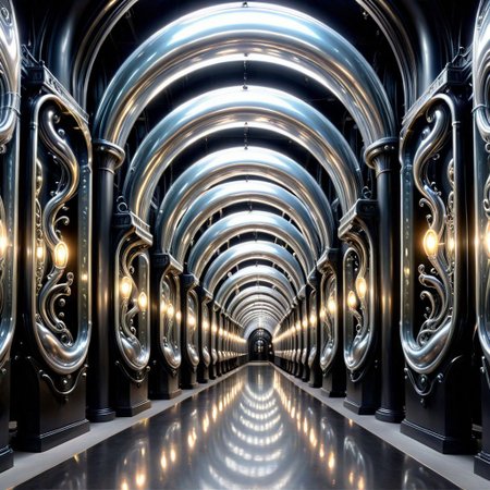 retro town, tunnel, LIQUID METAL oval biopunk ornaments on steel columns,  light bulbs, giger art nouveau ornaments on glass walls, epic, colossal,Spiral Effect