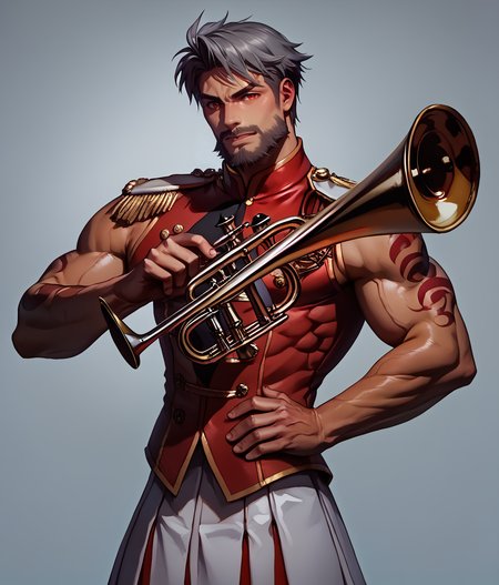 score_9, score_8_up, realistic, rating_questionable, bif, facial hair, beard, 
<lora:band-uniform-ponyxl-lora-nochekaiser:.7> band uniform, marching band, shako cap, trumpet, epaulettes, instrument, sleeveless, skirt, white skirt, miniskirt, playing instrument
<lora:face_Adray_Lasbard:1>, AdrayLasbard, mature male, grey hair, short hair, red eyes, facial hair, mustache, muscular, arm tattoos, 
glossy skin, 1 muscular male, handsome, short hair, detailed background, bara,, mature,
<lora:egg_leonard-04:.4><lora:style_Concept Art DarkSide Style LoRA_Pony XL v6:1><lora:slider_skin tone slider_last:-1>,<lora:slider_Body Type_alpha1.0_rank4_noxattn_last:1>