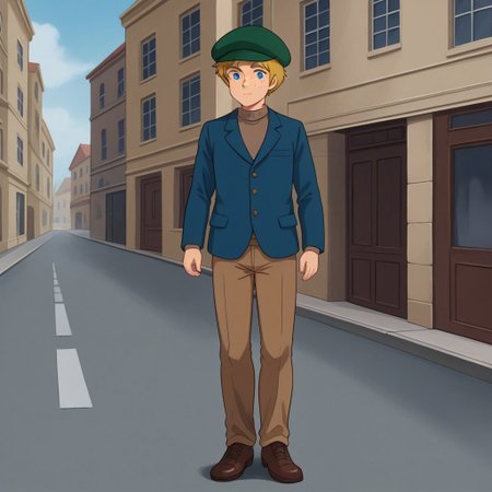 1boy, solo, Peter, blue eyes, freckles, blonde hair, short hair, hat, green hat,  brown and burgundy blazer, jacket, blue jacket, long sleeves, pants, brown pants, standing, full body, in the street, front view,