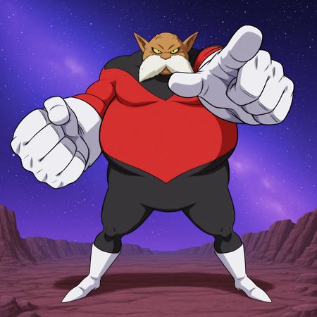 Toppodbs, male, solo, big white mustache, pointy ears, yellow sclera, long sleeve, black pupils, overweight male, light brown skin, red and black bodysuit, white gloves, white boots, big hands

BREAK pointing towards viewer, standing, posing, on rocky terrain, space background, full body