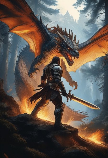Knight fight against giant dragon, in beautiful forest, 8k  action shot, knight in full armor, knight with giant flame sword,fighting, fantasy, gigantic dragon, bosstyle,