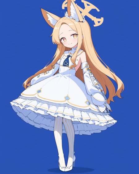 seia \(blue archive\),1girl, solo, halo, detached_sleeves, white_dress, high_heels, white_bird, looking_at_viewer, sleeveless_dress, smile, hair_flower, animal_ear_fluff, forehead, bow, blue_background, sleeves_past_fingers, white_footwear, simple_background, pantyhose, striped, frilled_dress, sitting
<lora:seia_(blue_archive)_image1153_2023-12-03-000014:1>halo. gorgeous,key visual, vibrant, studio anime,award-winning, professional, highly detailed,high budget, cinemascope