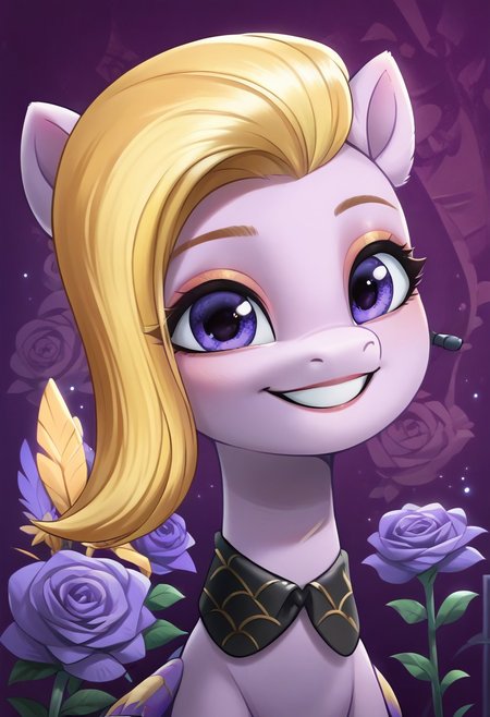 masterpiece, score_9, score_8_up, score_7_up, score_6_up, (best quality:1.1), ultra-detailed, high resolution, (solo), (1GIRL), (DAZZLE FEATHER), (PEGASUS), pony, feral, portrait, (beautiful detailed dark purple eyes), (short yellow hair), (light purple fur), (smile), ((purple floral background)), (yellow butterflies), (purple roses all around her), high quality, sharp, the quality of ai art is frightening, highly detailed, Highly Visible, sharp focus, perfect lighting, anatomically correct, extremely detailed, shine on body, high detail, cute, Expressiveh, detailed background, OverallDetail, zPDXL2,