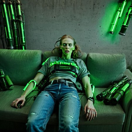 rating_safe,raw photo,cinematic shot,8k,hyperrealistic,film grain,professional photography,indoors,picture of a cybermutant helga covered in glowing green tubes and cybernetic attachments  wearing a shirt and jeans and laying on a couch